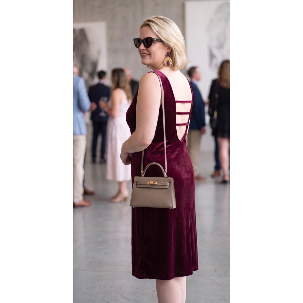 Vtg Y2K Danielle Casey Burgundy Velvet Midi Dress Size 14 Made in USA Goth Chic